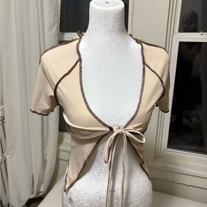 Beige Tie-Front Crop Top with Brown Trim